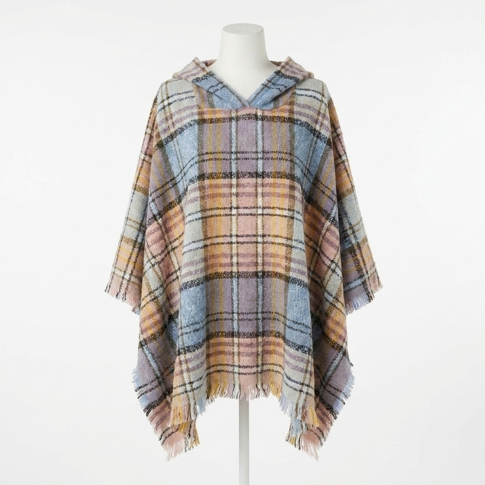 NEW COCO + CARMEN copacabana hooded poncho in powder blue/winter mix plaid